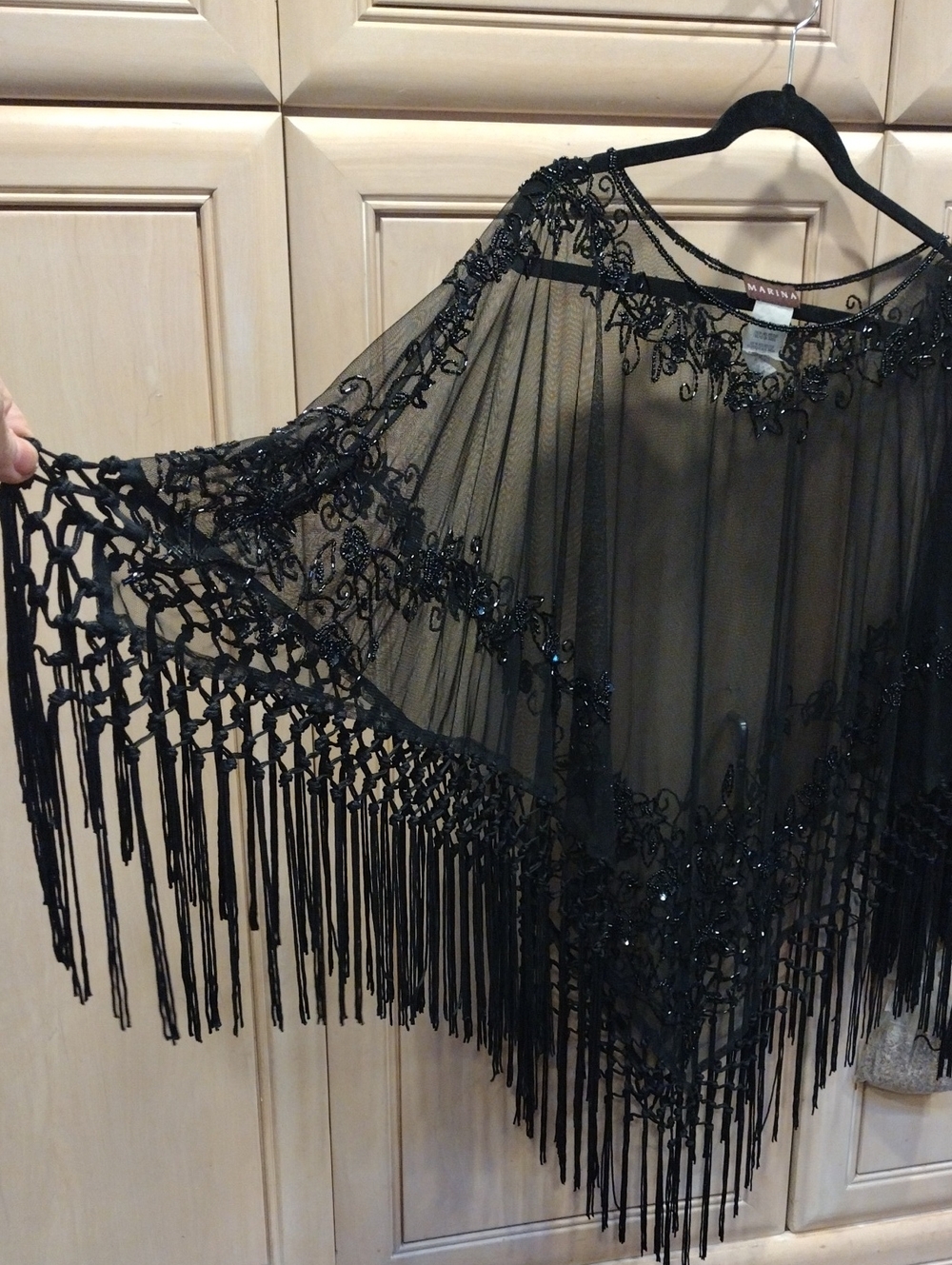 Vtg Gothic Sheer Embroidered Glass Beads Sequins & Fringe Stevie Nicks Poncho - Picture 9 of 16